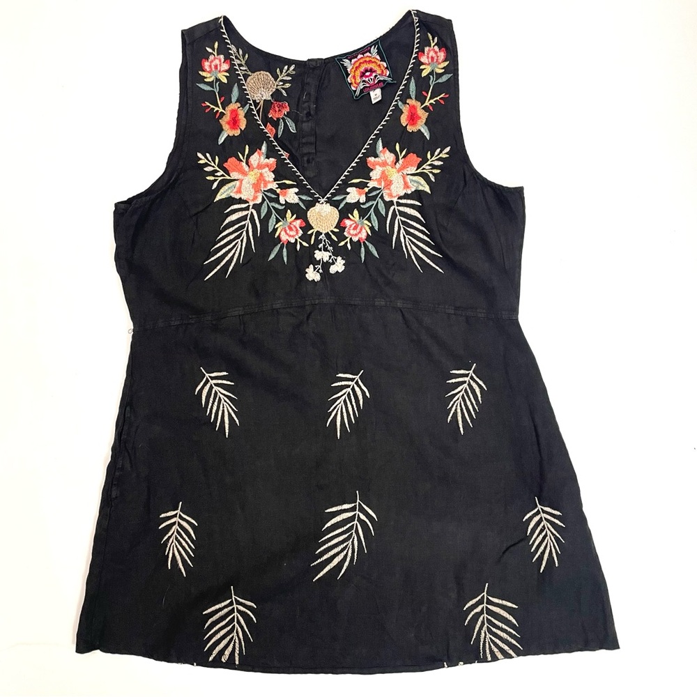 JOHNNY WAS Caspian Linen Tank Dress in Black Size Medium Floral Embroidery